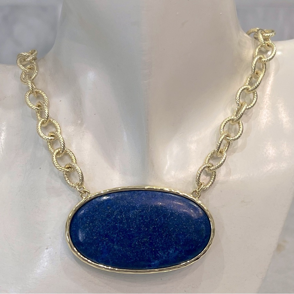 Lapis Lazuli Oval Pendant Fancy Chain Necklace - Picture 2 of 12
